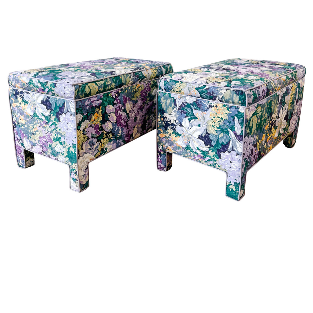 Pair of Vintage Impressionist Floral Upholstered Parsons Style Bench Ottomans