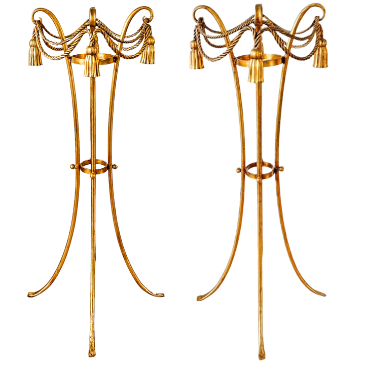Pair of 1960 Italian Florentine Gilt Metal Rope and Tassel Plant Stands