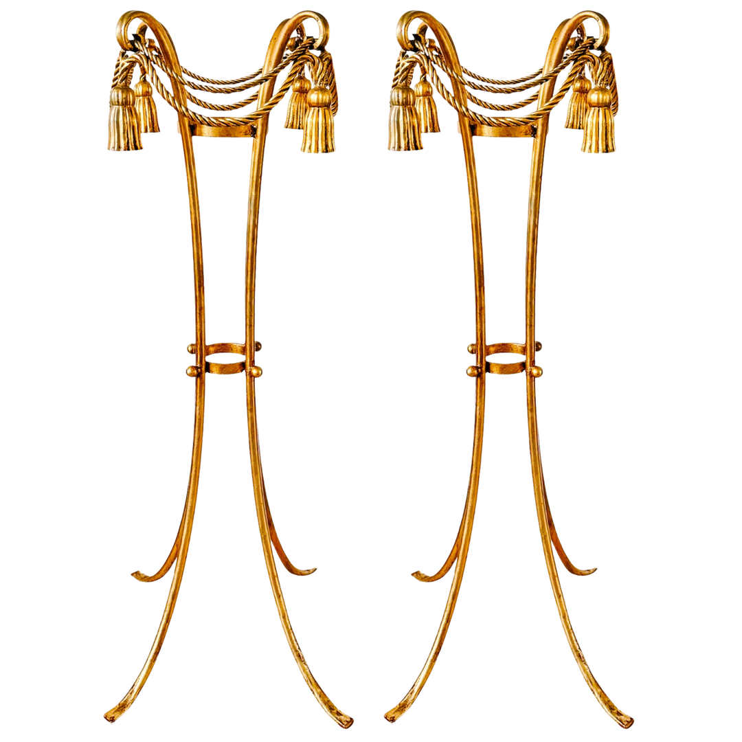 Pair of 1960 Italian Florentine Gilt Metal Rope and Tassel Plant Stands