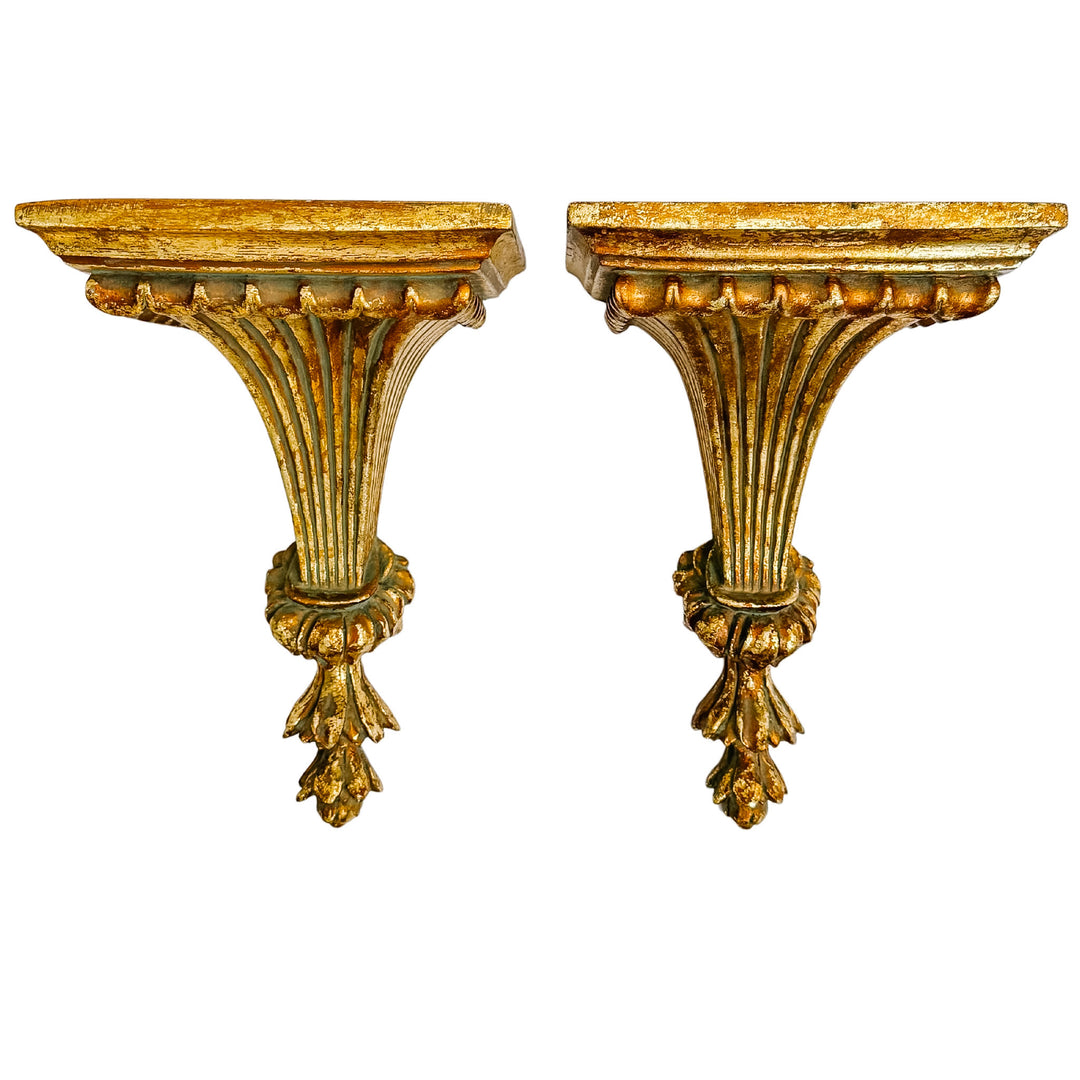 Vintage Italian Neoclassical Style Gilt Fluted Wall Brackets
