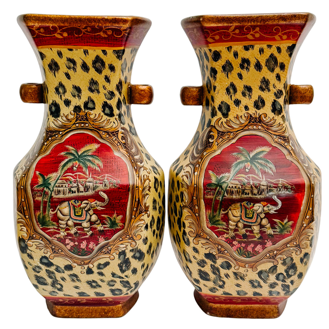 Pair of Vintage Leopard Print Flower Vases With Elephant Medallions