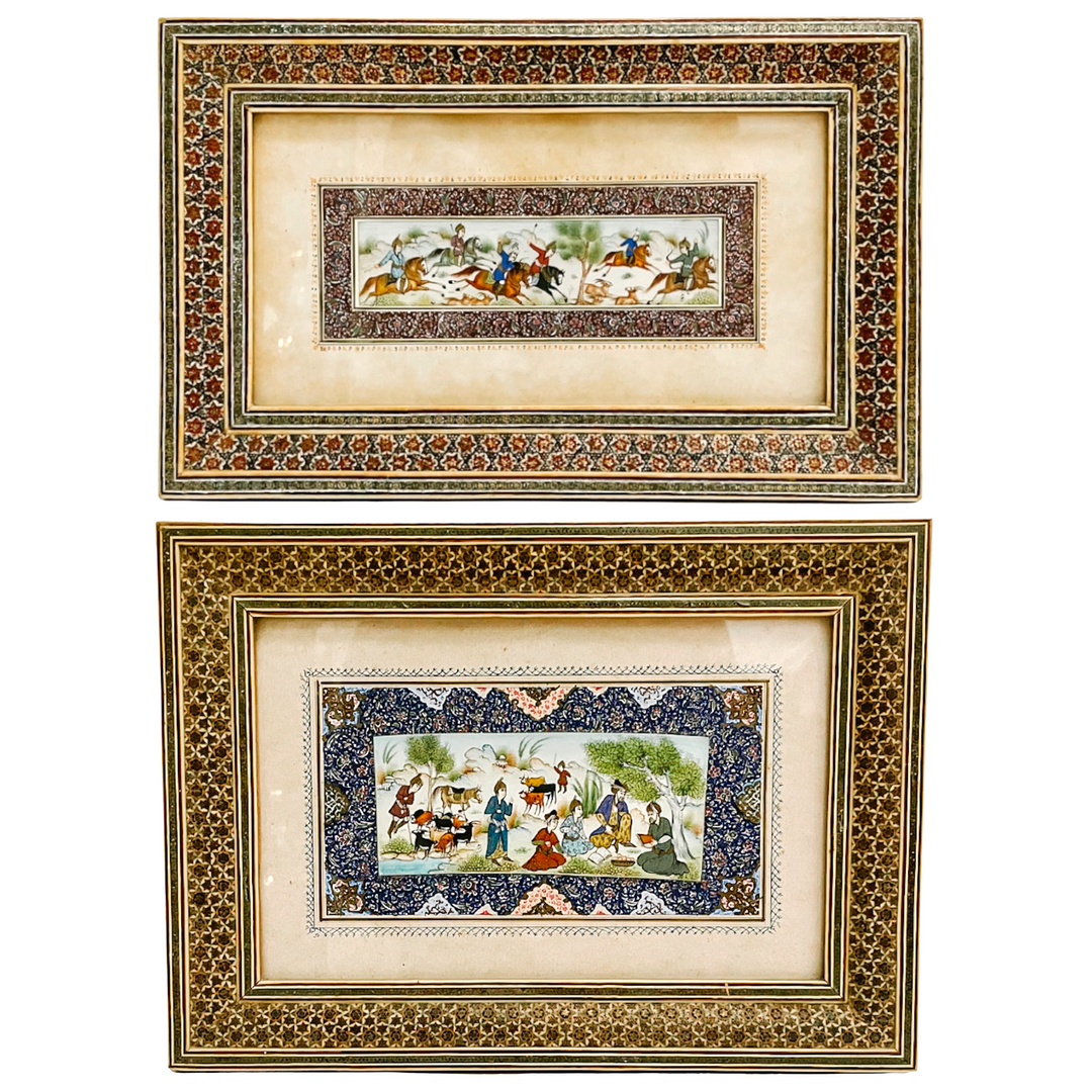 Pair of Vintage Hand-Painted Persian Miniature Paintings in Khatam Frames