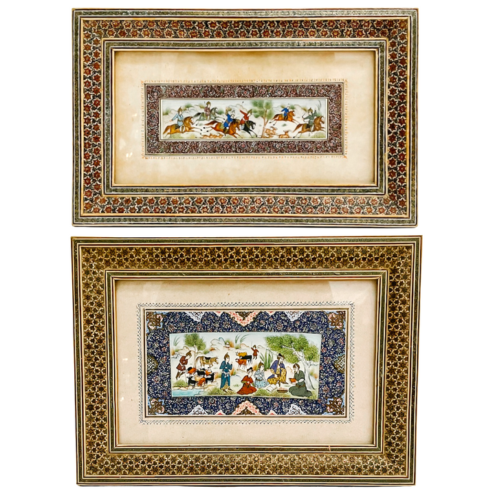 Pair of Vintage Hand-Painted Persian Miniature Paintings in Khatam Frames
