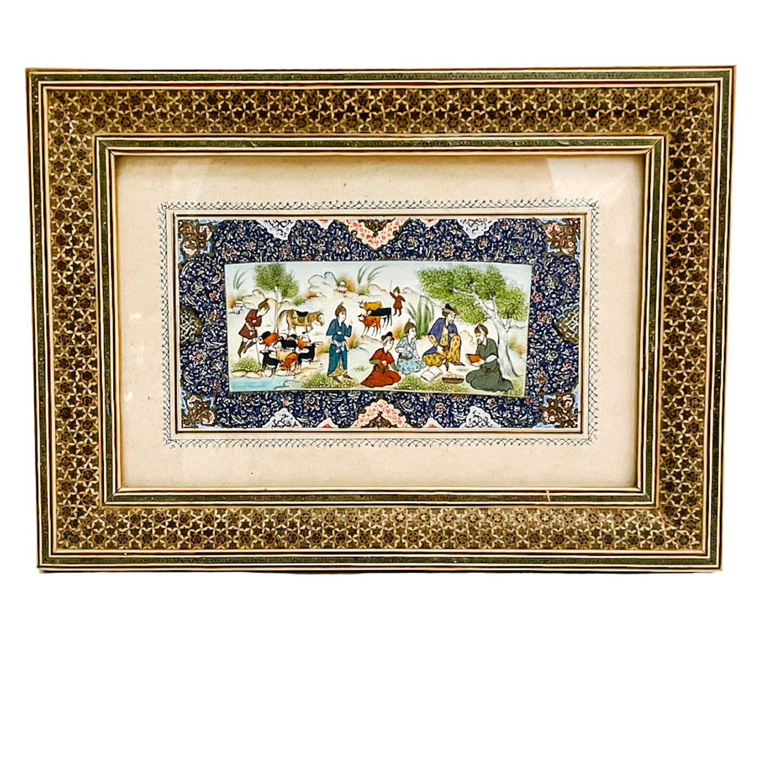 Pair of Vintage Hand-Painted Persian Miniature Paintings in Khatam Frames