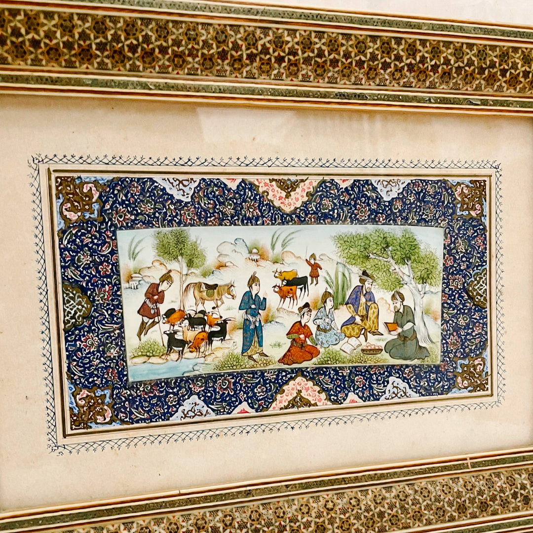 Pair of Vintage Hand-Painted Persian Miniature Paintings in Khatam Frames