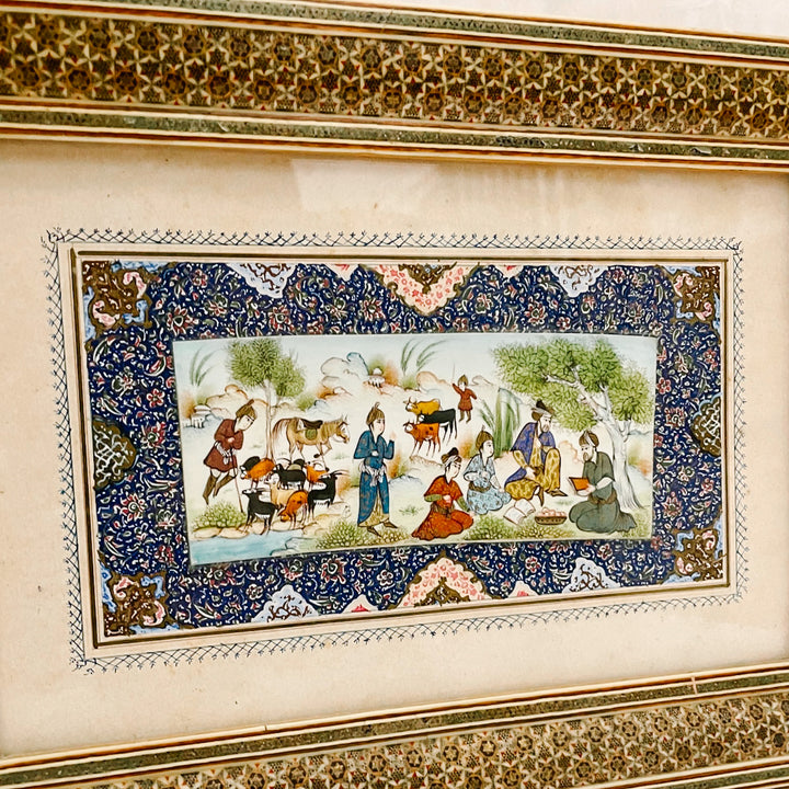 Pair of Vintage Hand-Painted Persian Miniature Paintings in Khatam Frames