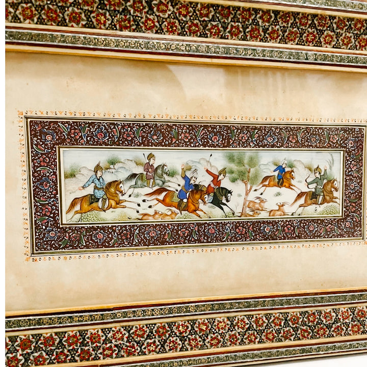 Pair of Vintage Hand-Painted Persian Miniature Paintings in Khatam Frames