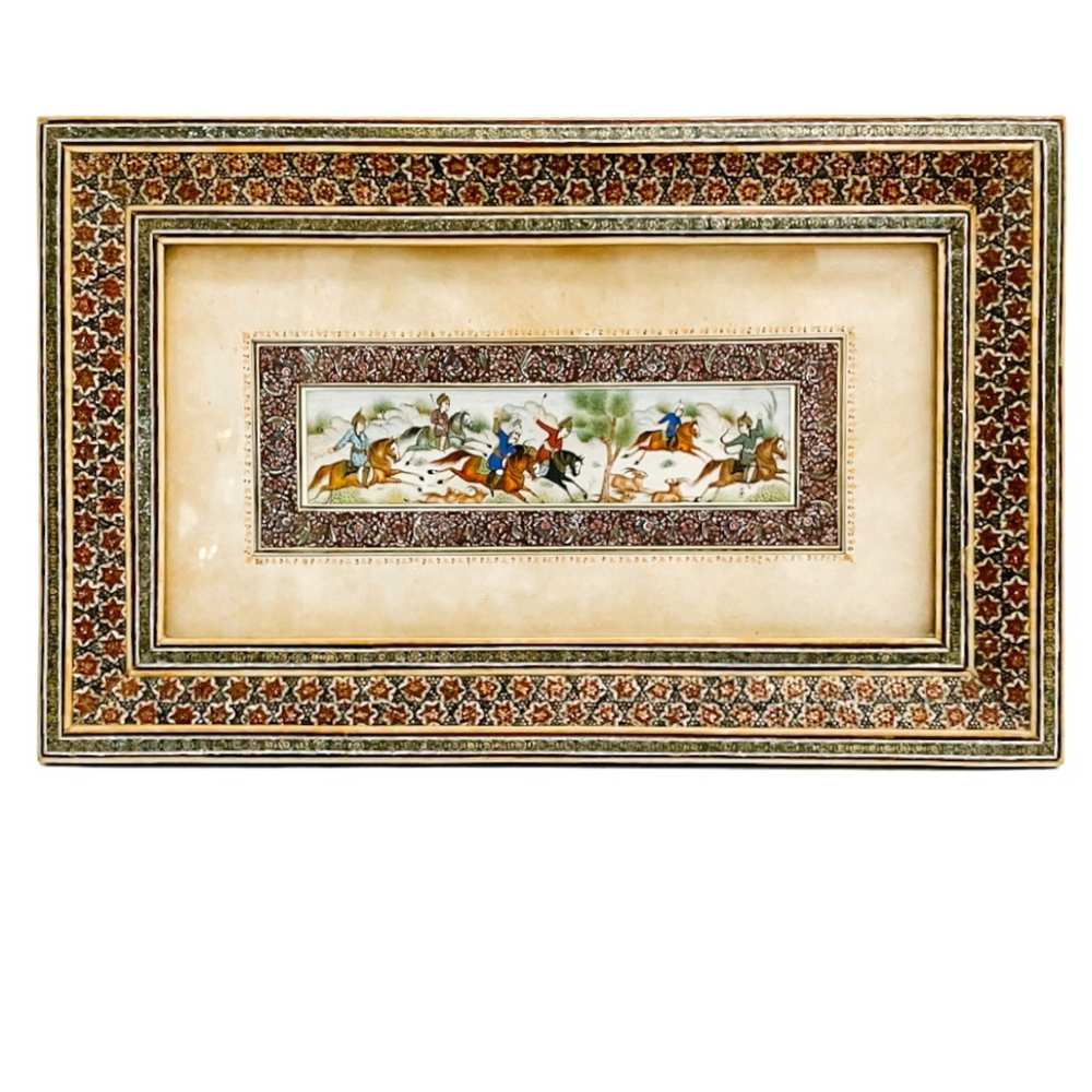 Pair of Vintage Hand-Painted Persian Miniature Paintings in Khatam Frames