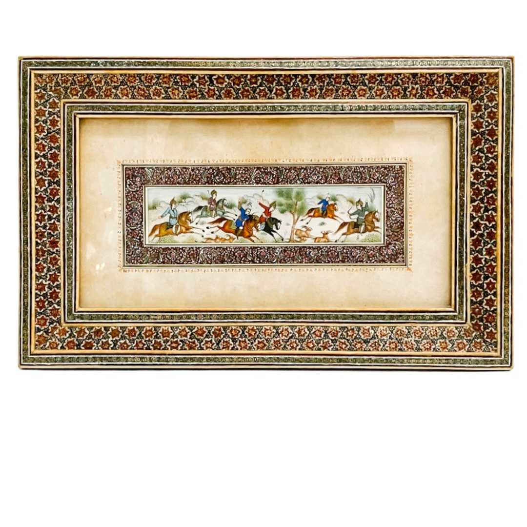 Pair of Vintage Hand-Painted Persian Miniature Paintings in Khatam Frames