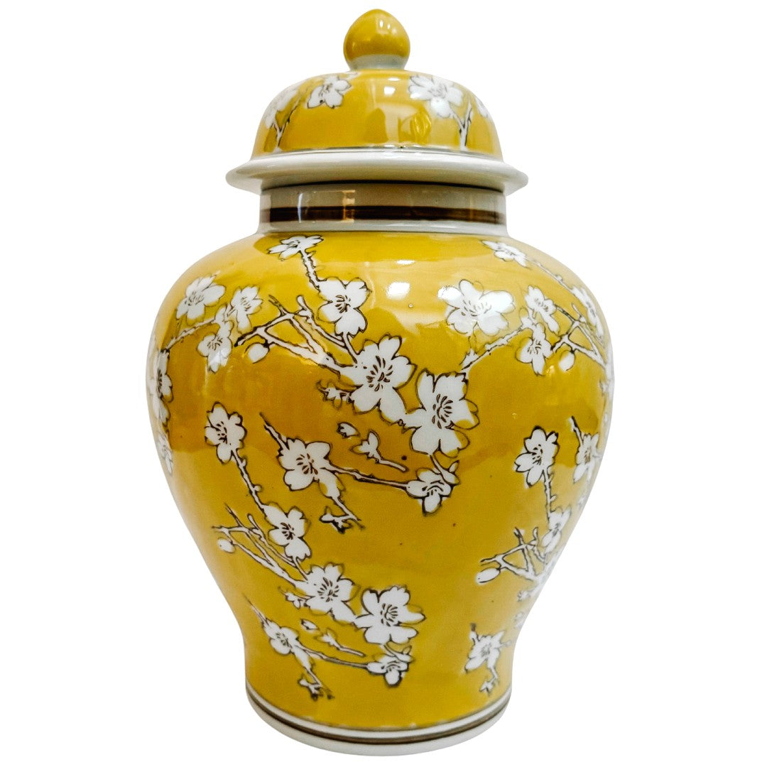 Pair of Yellow Glaze Scrolling Cherry Blossoms Ginger Jars