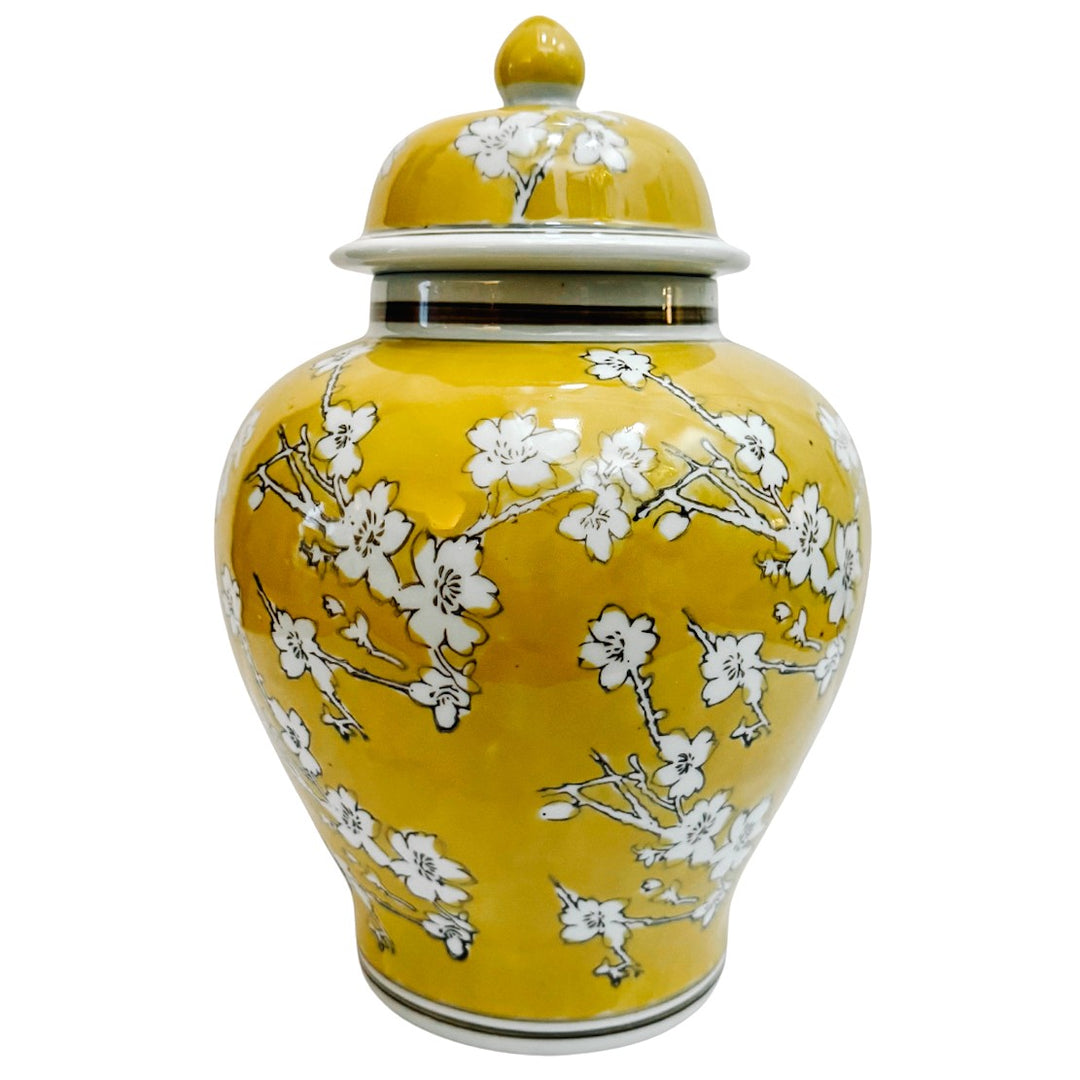 Pair of Yellow Glaze Scrolling Cherry Blossoms Ginger Jars