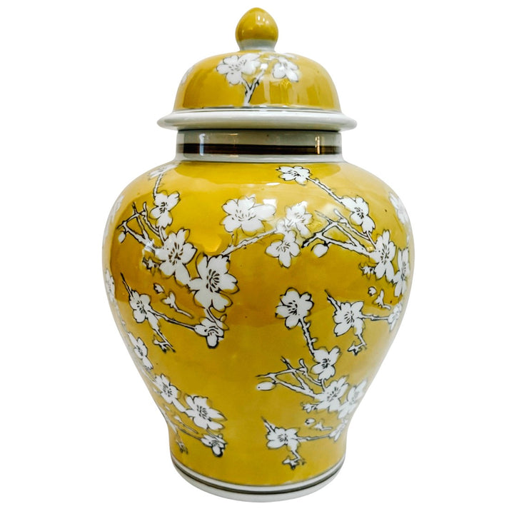 Pair of Yellow Glaze Scrolling Cherry Blossoms Ginger Jars