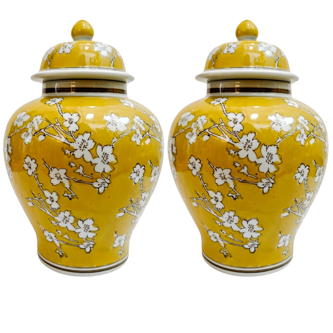 Pair of Yellow Glaze Scrolling Cherry Blossoms Ginger Jars