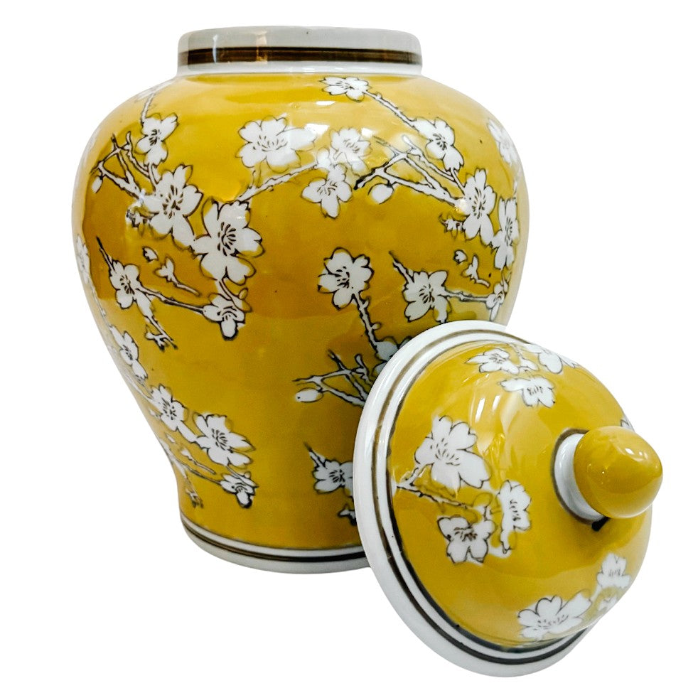 Pair of Yellow Glaze Scrolling Cherry Blossoms Ginger Jars