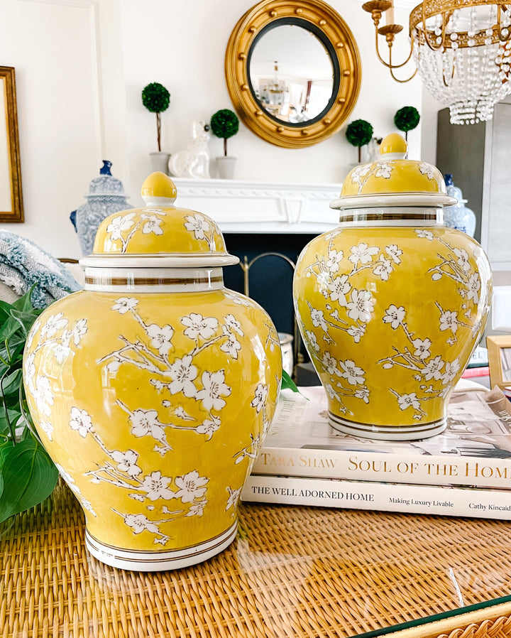 Pair of Yellow Glaze Scrolling Cherry Blossoms Ginger Jars