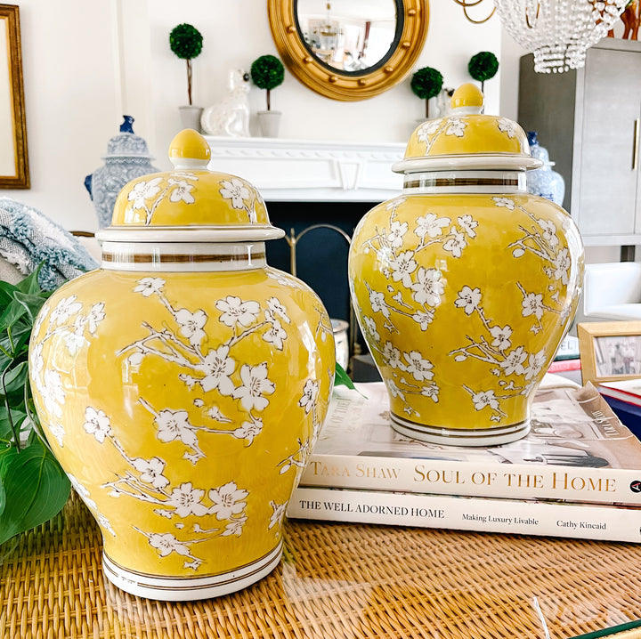 Pair of Yellow Glaze Scrolling Cherry Blossoms Ginger Jars