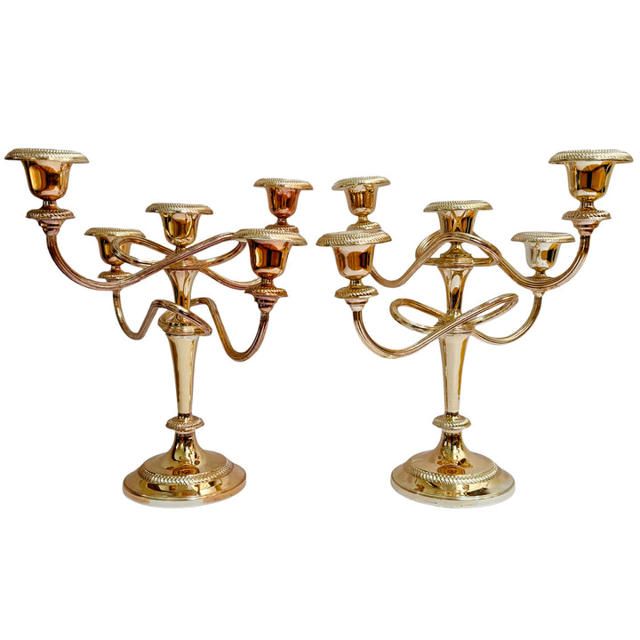 Vintage French Silver-on-Copper 5-Arm Candelabras