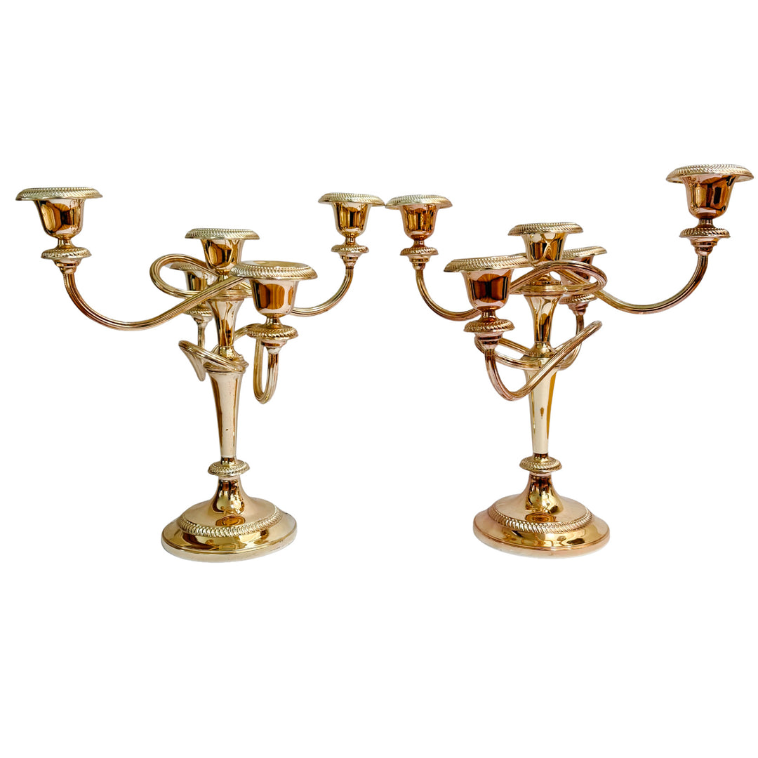 Vintage French Silver-on-Copper 5-Arm Candelabras