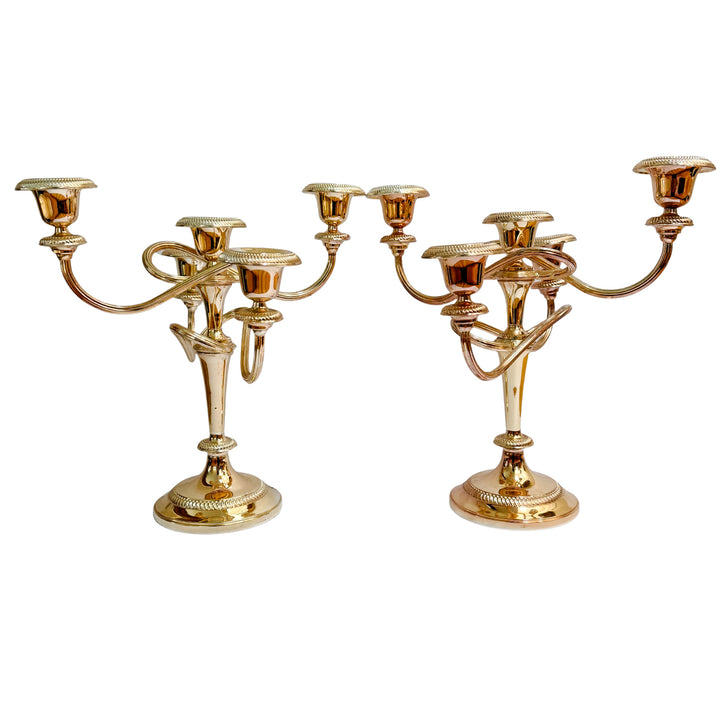 Vintage French Silver-on-Copper 5-Arm Candelabras