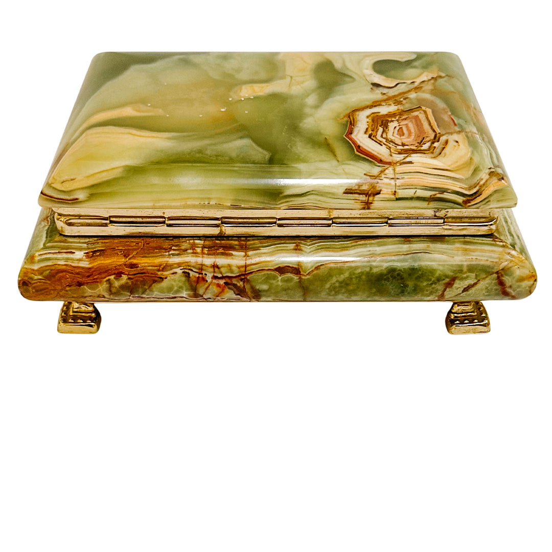 Parisian Mid-Century Footed Onyx and Brass Casket with Red Velvet Lining