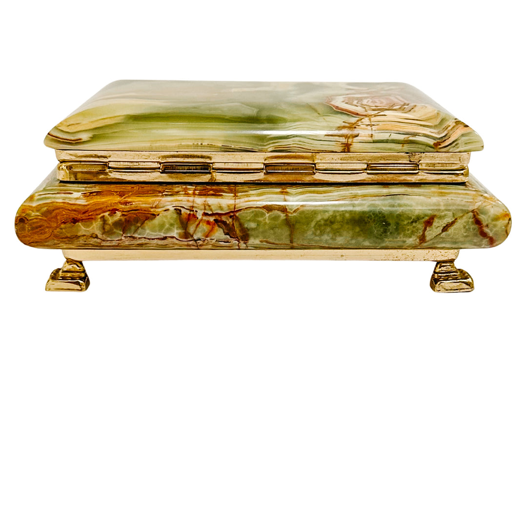 Parisian Mid-Century Footed Onyx and Brass Casket with Red Velvet Lining