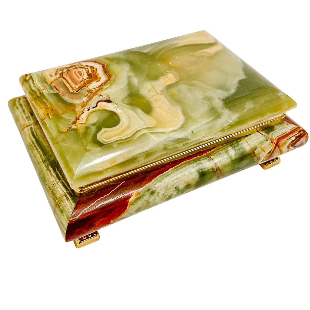 Parisian Mid-Century Footed Onyx and Brass Casket with Red Velvet Lining