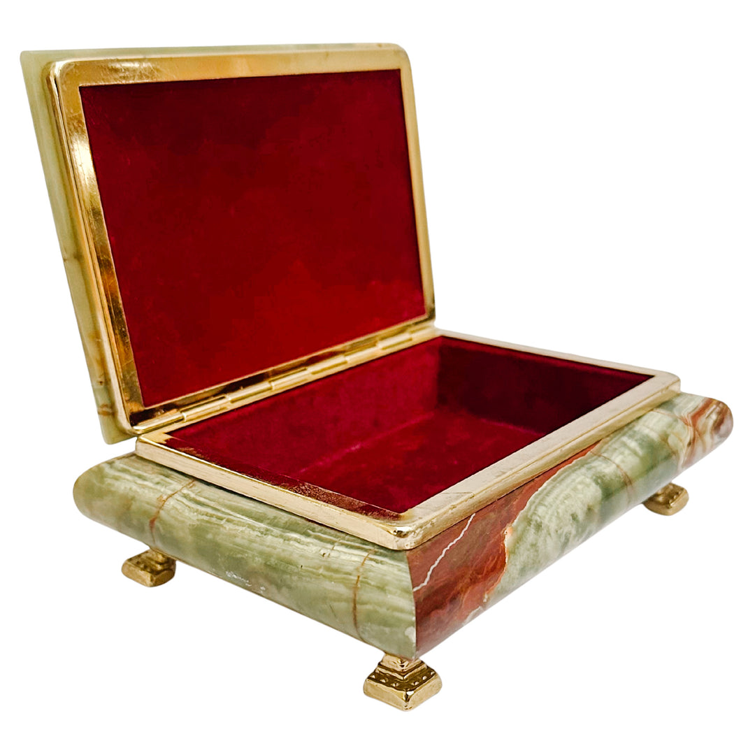 Parisian Mid-Century Footed Onyx and Brass Casket with Red Velvet Lining