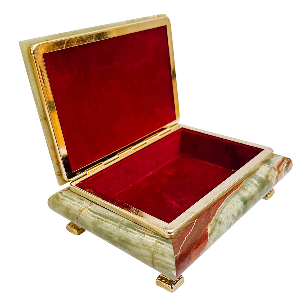Parisian Mid-Century Footed Onyx and Brass Casket with Red Velvet Lining