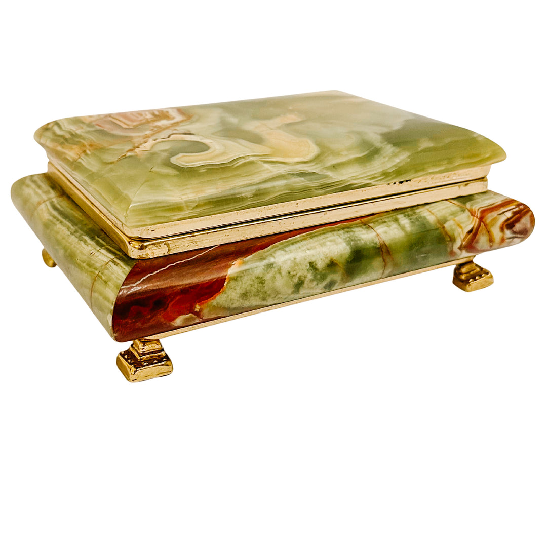 Parisian Mid-Century Footed Onyx and Brass Casket with Red Velvet Lining