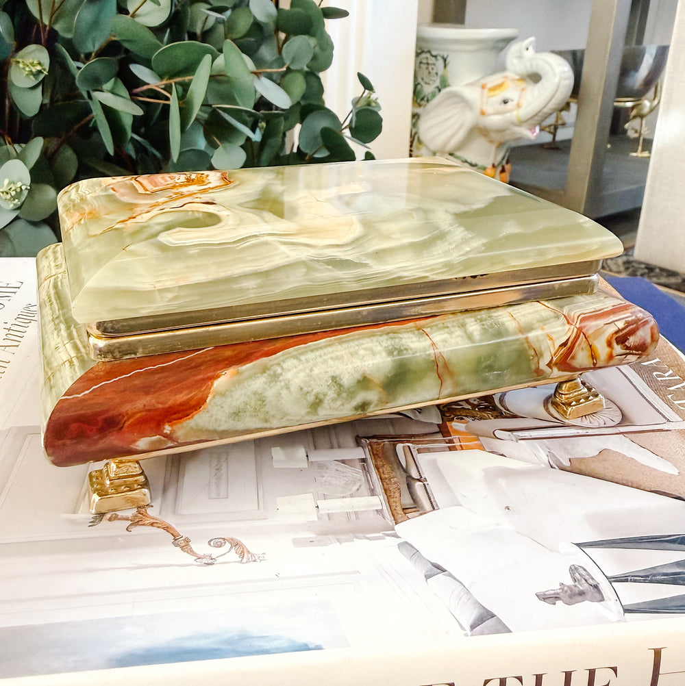 Parisian Mid-Century Footed Onyx and Brass Casket with Red Velvet Lining