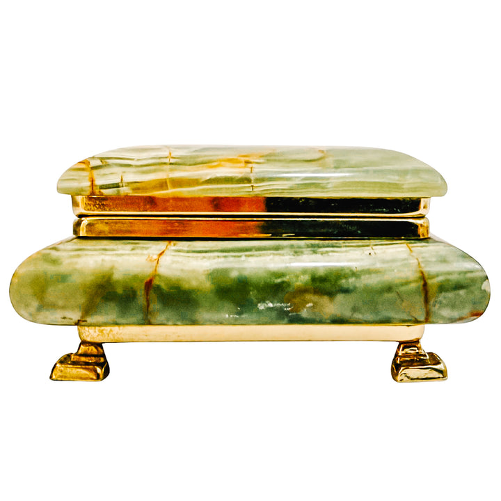 Parisian Mid-Century Footed Onyx and Brass Casket with Red Velvet Lining