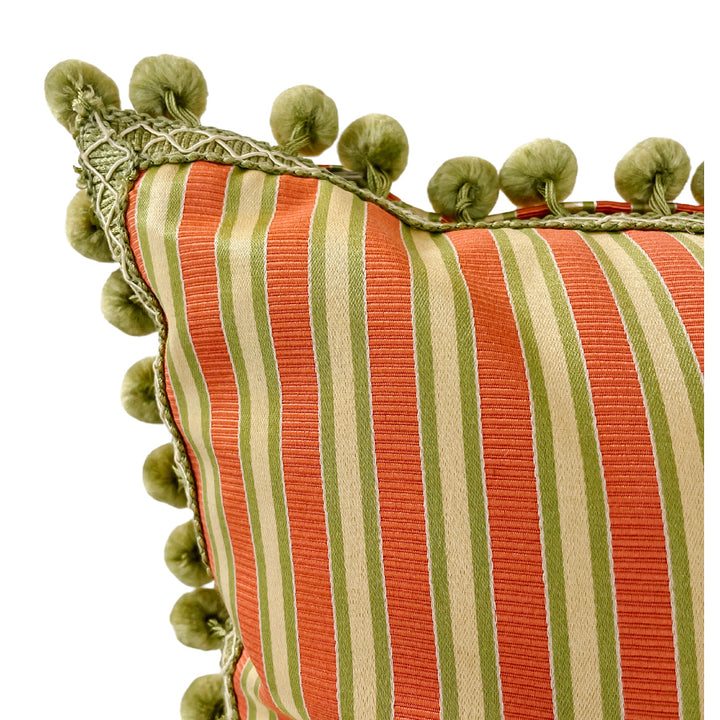 Peach & Green Striped Rectangular Pillows With Pom Poms