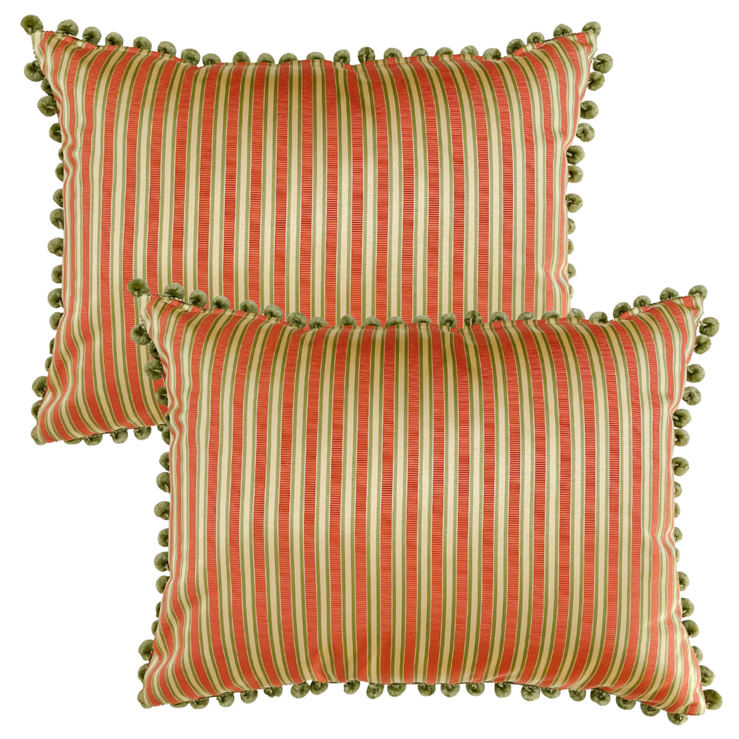 Peach & Green Striped Rectangular Pillows With Pom Poms