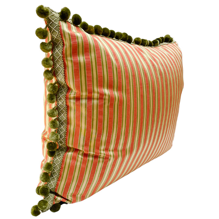 Peach & Green Striped Rectangular Pillows With Pom Poms