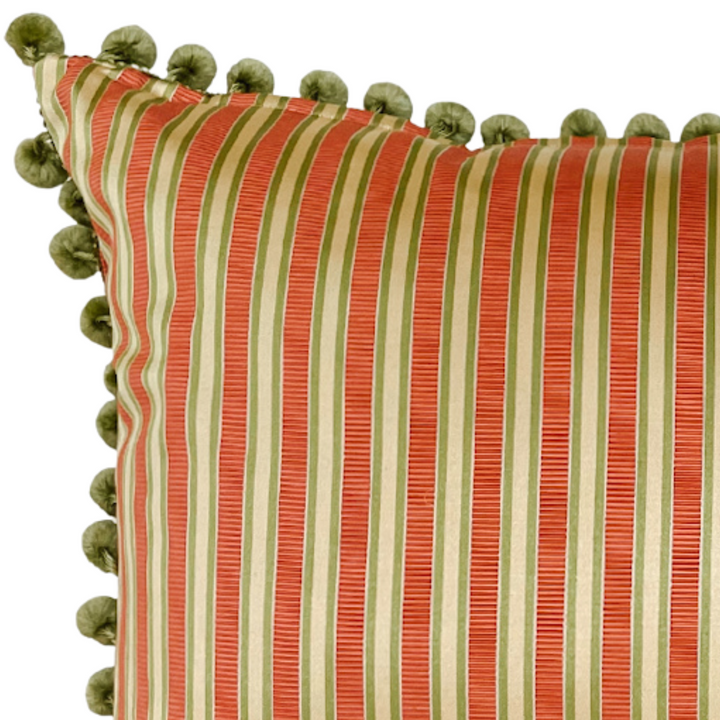 Peach & Green Striped Rectangular Pillows With Pom Poms