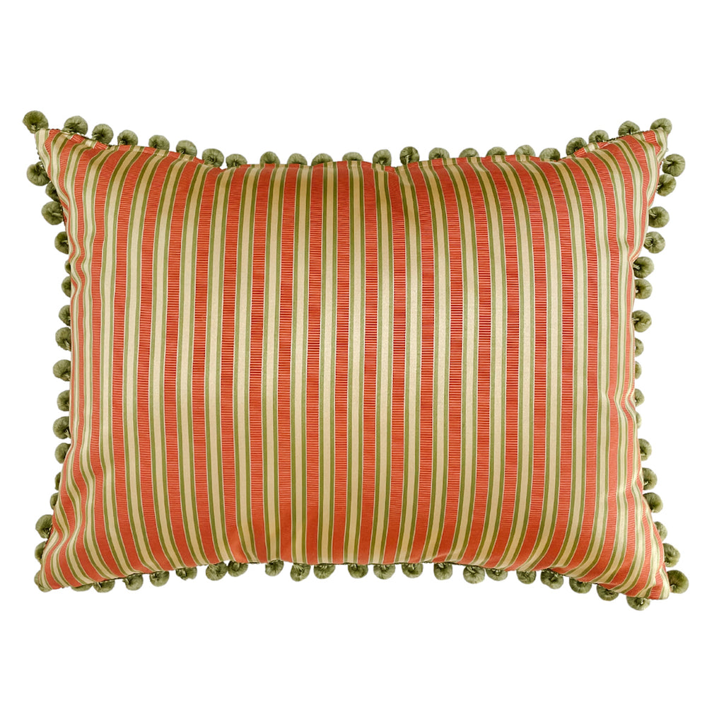 Peach & Green Striped Rectangular Pillows With Pom Poms