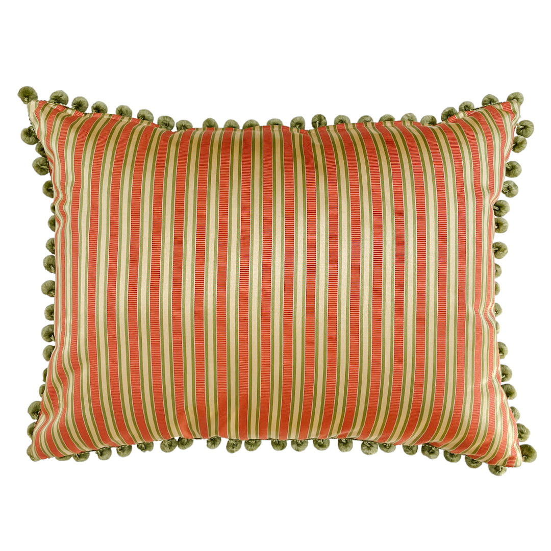 Peach & Green Striped Rectangular Pillows With Pom Poms