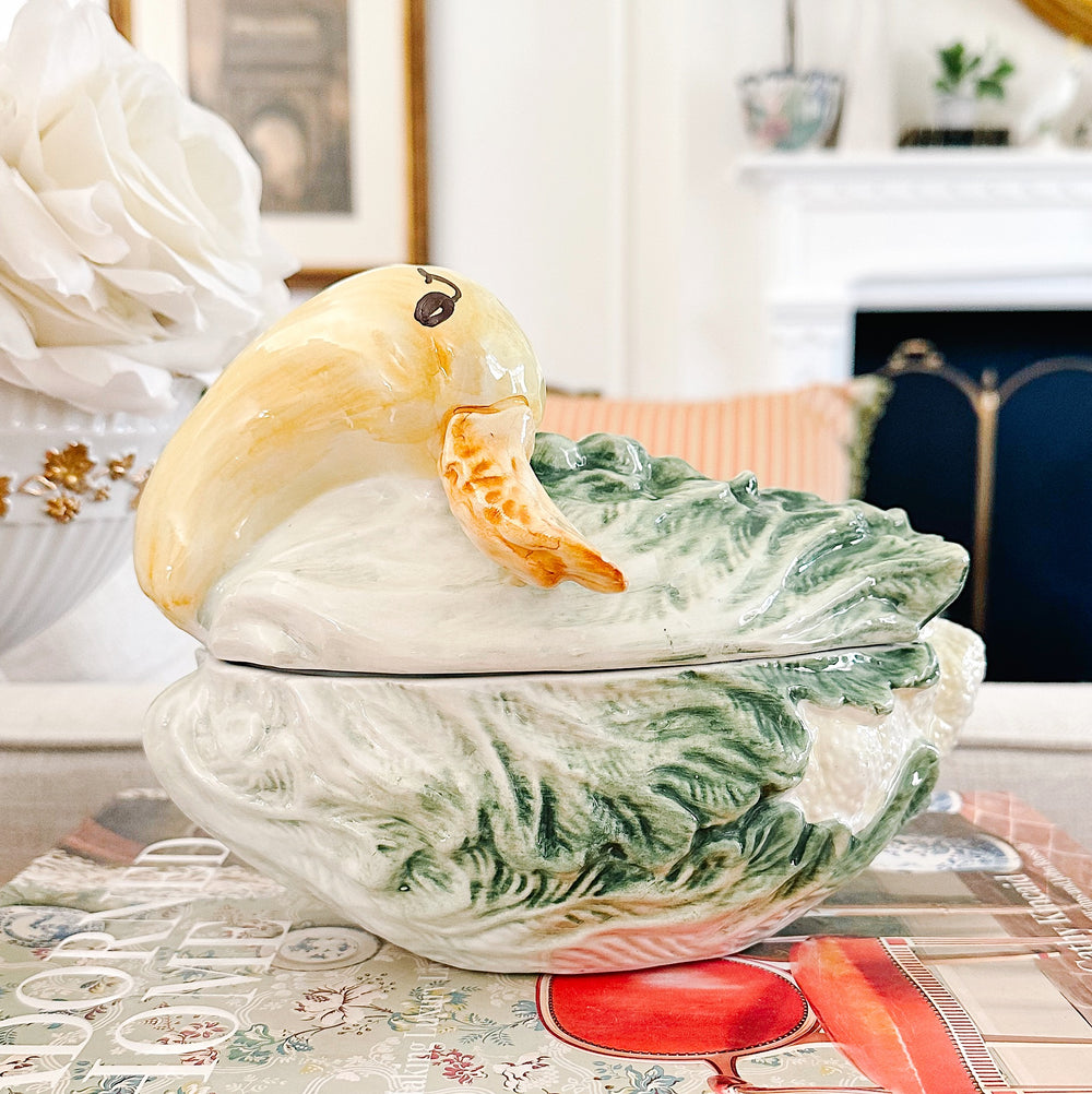 Petite Italian Porcelain Lettuceware Duck Tureen With Spoon