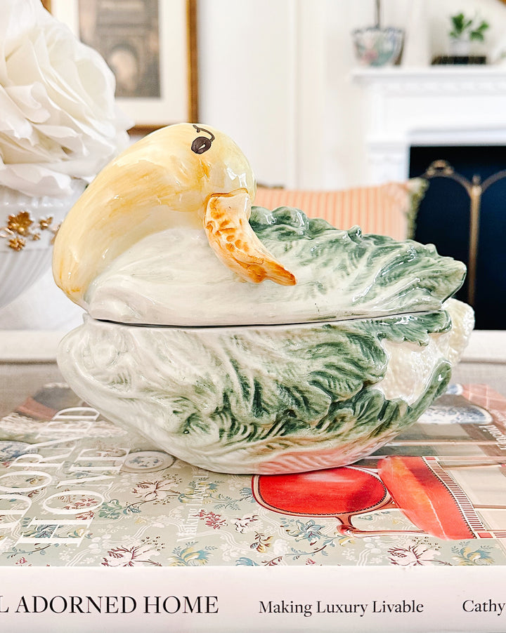 Petite Italian Porcelain Lettuceware Duck Tureen With Spoon