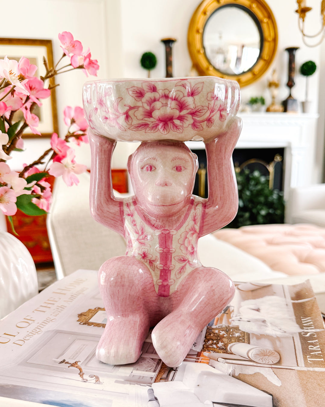 Pink Chinoiserie Monkey Holding Bowl