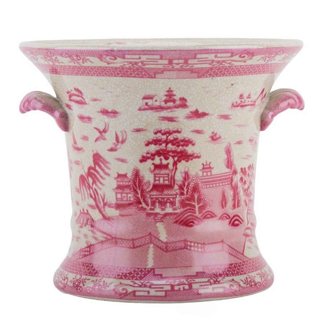 Pink & White Chinoiserie Pagoda Cachepot Planter With Pink Shell Handles