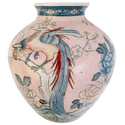 Vintage Pink Chinoiserie Vase With Phoenix Birds & Chrysanthemums