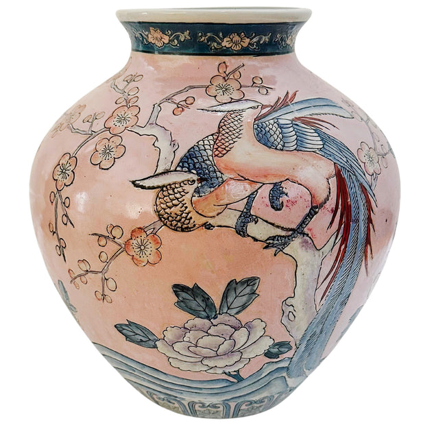 Vintage Pink Chinoiserie Vase With Phoenix Birds & Chrysanthemums