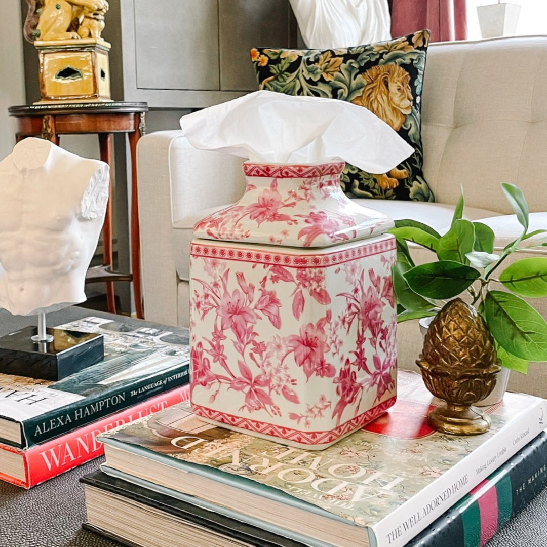 Pink Floral Chinoiserie Ceramic Tissue Box Cover