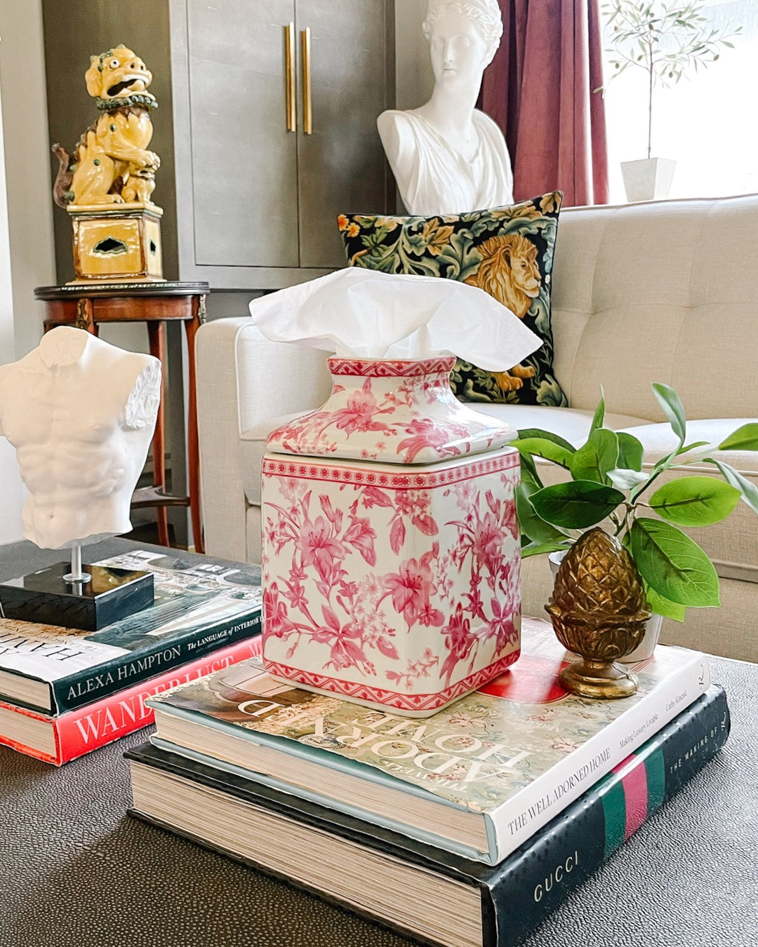 Pink Floral Chinoiserie Ceramic Tissue Box Cover