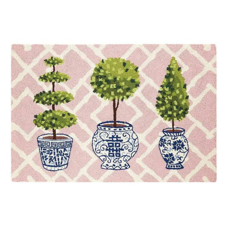 Pink Topiary Wool Hooked Rug 2X3 feet