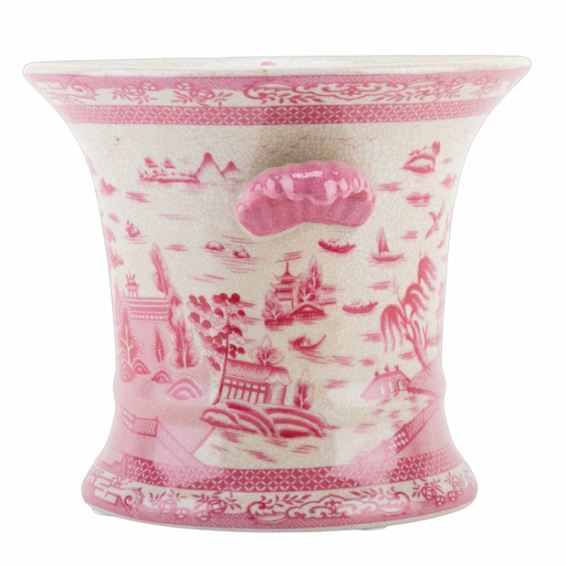 Pink & White Chinoiserie Pagoda Cachepot Planter With Pink Shell Handles