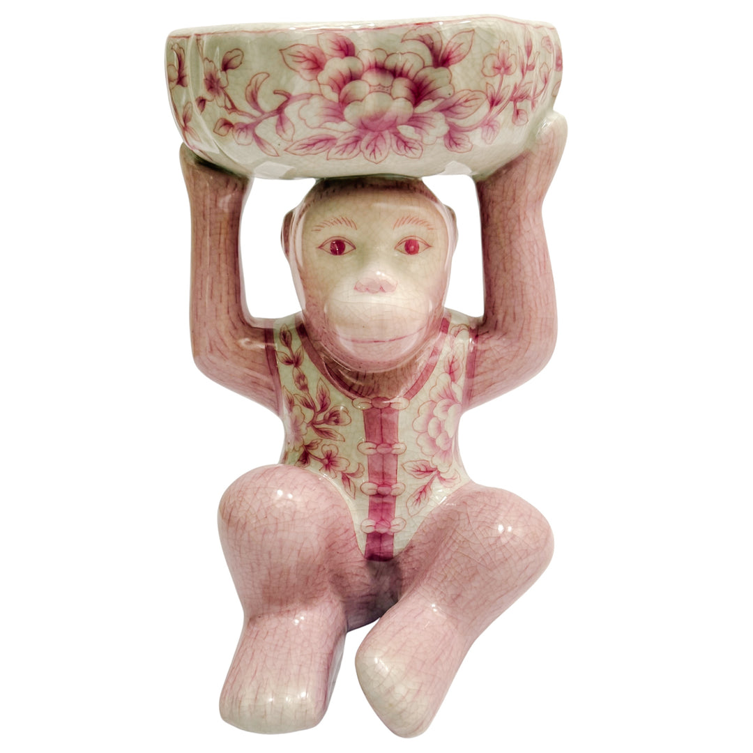Pink Chinoiserie Monkey Holding Bowl