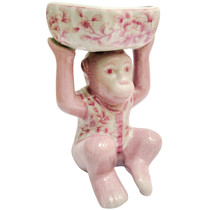 Pink Chinoiserie Monkey Holding Bowl