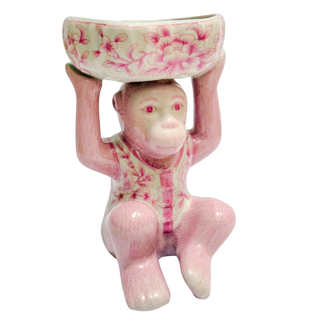 Pink Chinoiserie Monkey Holding Bowl